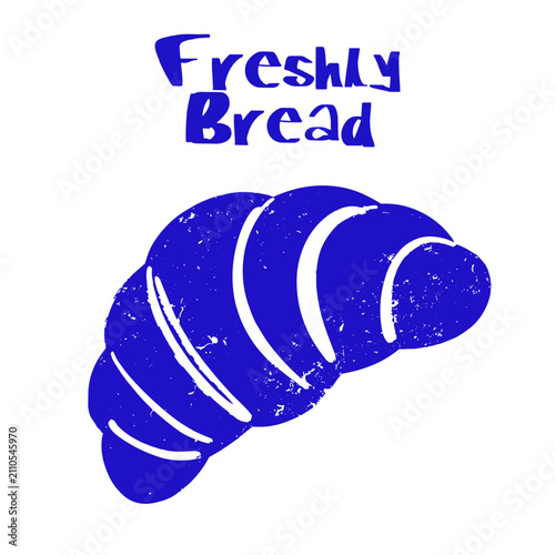 Minimalist hand drawn doodle print design with vintage grunge texture, featuring a blue bread icon. Graphic asset for bakery logo, cafe wall art, menu card, packaging, and sign board.