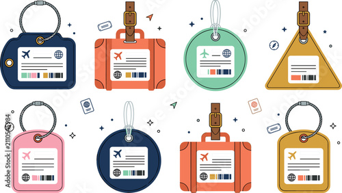 Luggage Tag and Travel Label Icon Set Featuring Suitcase Identification Badges, Flight Boarding Pass Tickets, Security Barcodes, and Geometric Baggage Accessories for Aviation Design Vector