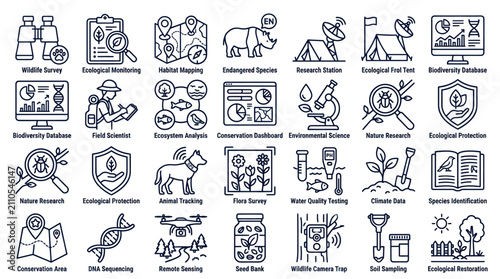 Biodiversity conservation and habitat mapping line icon set