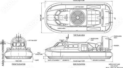 Foto CAD technical drawing of hovercraft design with front top and side elevation vie