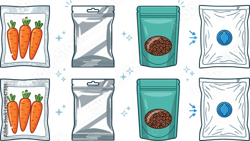 Food Storage and Vacuum Packaging Vector Icon Set Featuring Sealed Fresh Carrots, Aluminum Foil Bags, Coffee Bean Zipper Pouches, and Airtight Valve Sacks Mockups