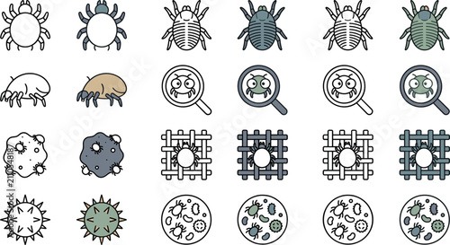 Dust Mite and Allergen Icon Set Featuring Parasite Bed Bugs Magnifying Glasses Fiber Weaves Pet Dander Spores and Bacteria Microorganisms for Hygiene Health Medical Vector Design