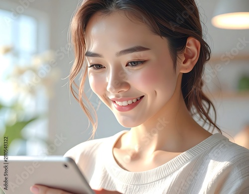 A young woman with dimples and a wide smile gazes at a digital tablet. Sunlight streams through the window behind her, illuminating her face