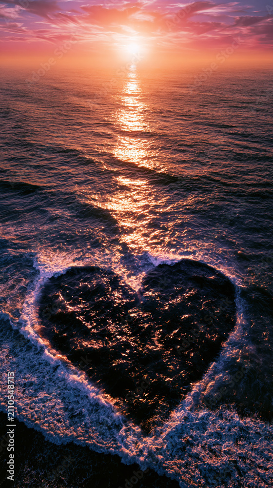 Obraz premium Heart shaped ocean sunset seascape aerial view water wave foam horizon pink sky romantic sea