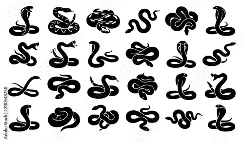 Black Snake Silhouette Vector Set for Mascot Logo and Tattoo Design
