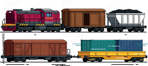 Cargo Train and Freight Locomotive Vector Set Featuring Diesel Engine, Boxcars, Coal Hopper Wagon, and Intermodal Shipping Container Flatbed for Industrial Railway Logistics Design