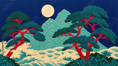Korean landscape painting with pine tree, mountain, moon, wave, forest, and night scene in traditional textile style, serene and decorative