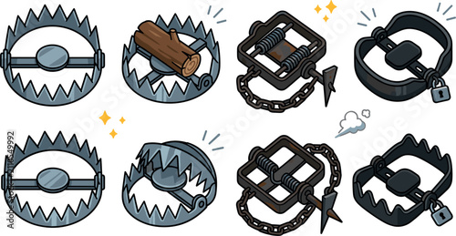 Bear Trap and Animal Snare Icon Set Featuring Steel Jaw Traps Triggered Mechanisms Chains Padlocks and Hunting Equipment Symbols for Survival Game Vector Design