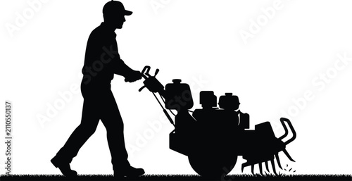 Konstfotografi Professional gardener operating walking tractor rototiller machine for soil cult