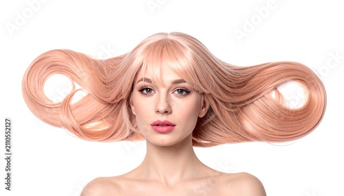A young woman with fair skin, light pink lipstick, and flowing, styled, peach-toned hair, a perfect look