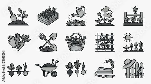 Industrial Style Black and White Line Drawing Icons Set of Gardening Tools Plants and Farming Elements