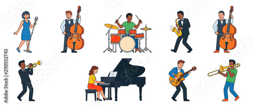 Foto Diverse musicians playing instruments in flat design style.