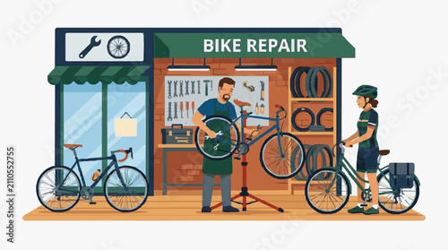 Bike repair shop workers attending to bicycles.