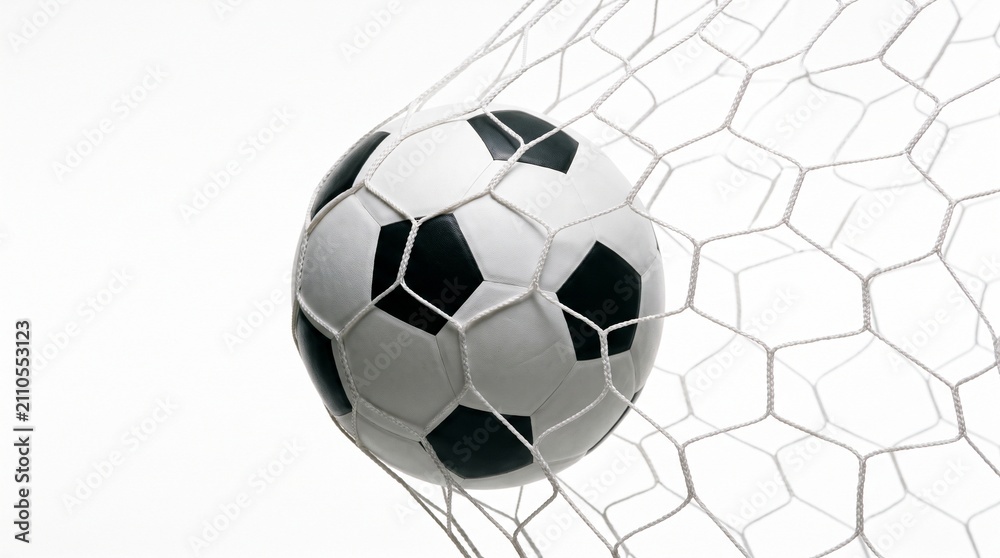 Fototapeta premium Soccer ball on white hexagon pattern background. 3D sports equipment isolated for design and advertising projects.