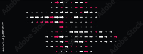 Abstract arrow halftone vector background featuring white and pink pointing arrows on dark backdrop