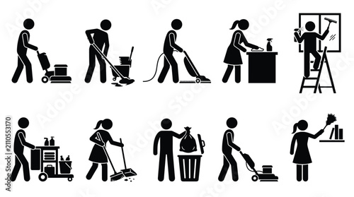 фотографія Cleaning staff performing diverse household and commercial sanitation tasks with
