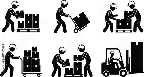 Warehouse workers logistics icons set stick figures stacking boxes pushing hand trucks and driving heavy duty forklift