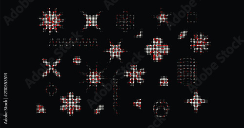 Retro starburst halftone vector set featuring red and white geometric spark elements on black backdrop