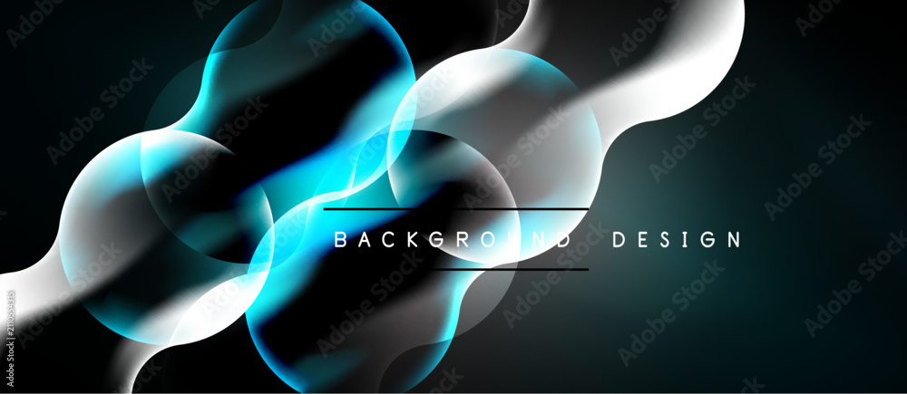 Naklejka premium Abstract flowing shapes, vibrant blue, white hues. Dark background creates dynamic visual effect. Modern design element.