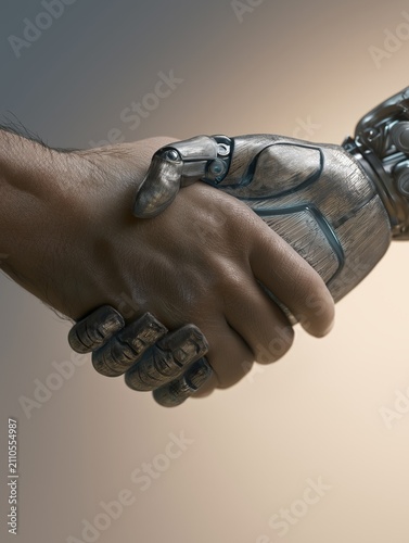 Cinematic photorealistic image of a human hand shaking with a metallic robotic hand, symbolizing AI collaboration, trust, and future technology integration in the age of artificial intelligence.