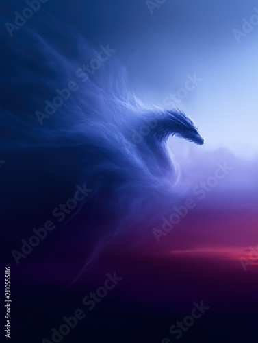 Majestic winged dragon with blue-white fur emerges from swirling clouds against a twilight sky of deep purples and blues, creating a dramatic cinematic fantasy scene.
