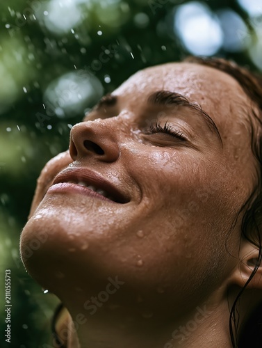 Close-up portrait of a woman with eyes closed, face tilted upward in rain showers; water droplets on skin, serene expression, green foliage background.