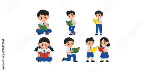 Indonesian Junior High School Students Reading Books Illustration