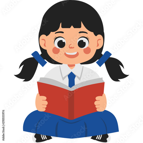 Indonesian Junior High School Students Reading Books Illustration