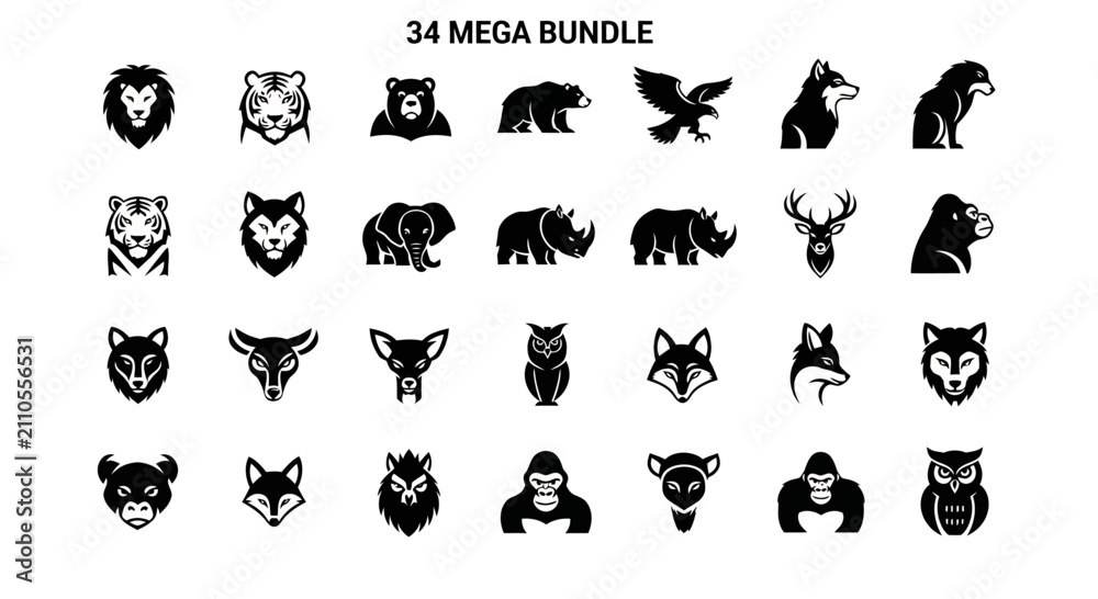 Obraz premium Wild Animal Icons: Lion, Tiger, Bear, Wolf, Eagle, Fox, Deer, Gorilla, Rhinoceros