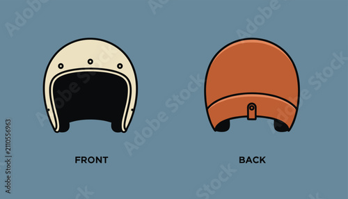 Front and back views of a vintage open-face motorcycle safety helmet in cream and brown on a blue-grey background.
