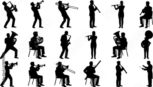 Foto Musicians playing wind instruments silhouettes set including trumpet saxophone f