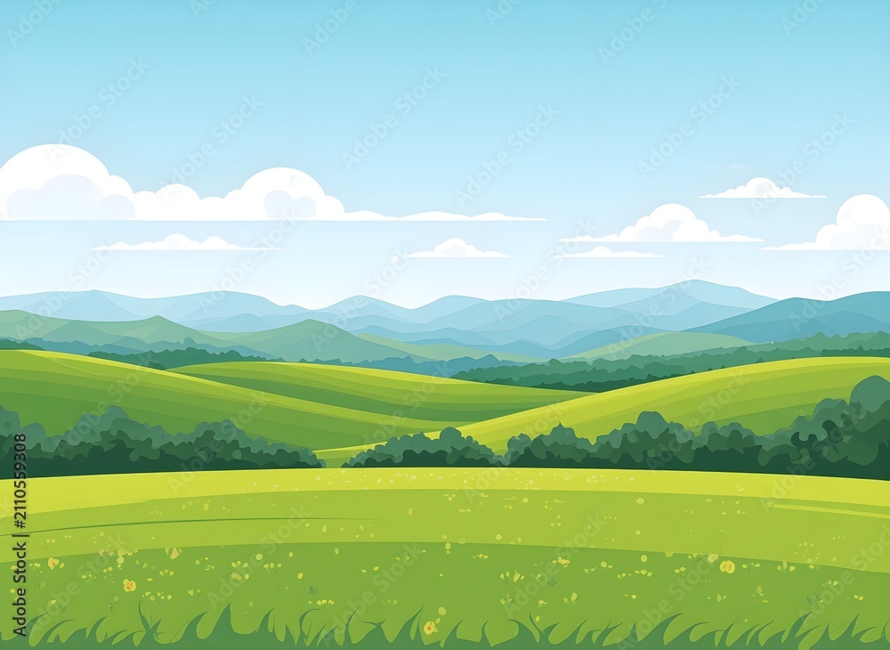 Obraz premium Wide Highland Meadow Leading to Distant Mountain Ranges Flat Vector Style Scandinavian Landscape Illustration