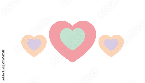 Symmetrical composition of layered pastel hearts in pink, mint green, orange, and purple over a white background.