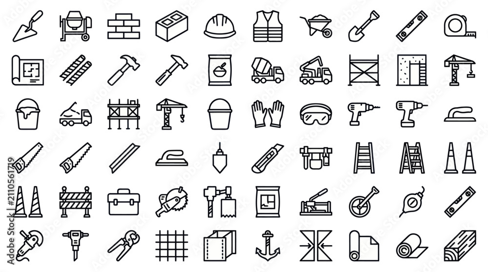 Fototapeta premium Heavy construction machinery and site equipment icons.