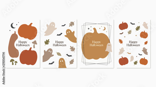 Four halloween greeting cards with pumpkins ghosts with flat style greeting