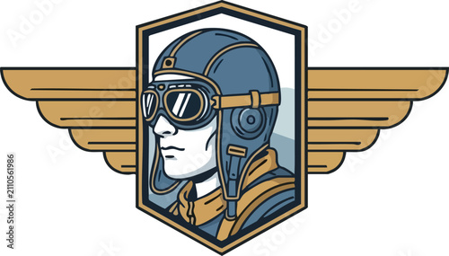 Vintage Pilot Emblem with Wings and Helmet Design.