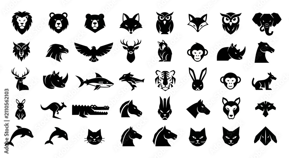 Obraz premium Diverse Animal Icons Collection: Mammals, Birds, Reptiles, Marine Life - Black Silhouettes