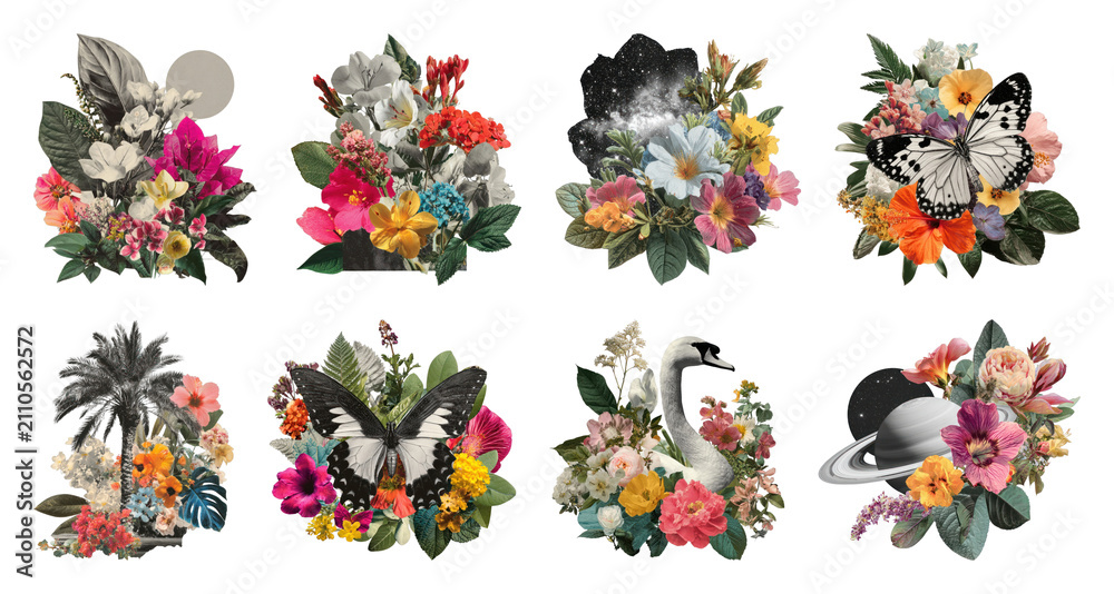 Obraz premium PNG Vibrant floral collages with butterflies and celestial themes, transparent background