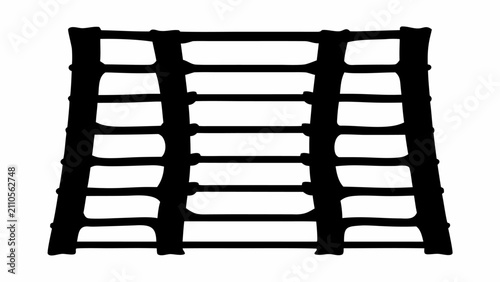 Simple black silhouette of a wooden ladder with thick rungs against a white background with thick horizontal minimalist structure equipment with geometric