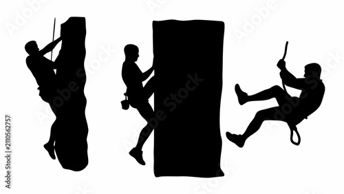 Silhouettes of three people rock climbing on artificial walls with ropes and chalk bags dynamic poses with silhouettes individuals engaged climbing activities