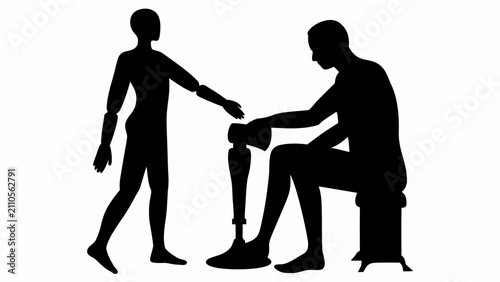 Silhouette of person with prosthetic leg receiving help from another person with displays black silhouette two figures against white background