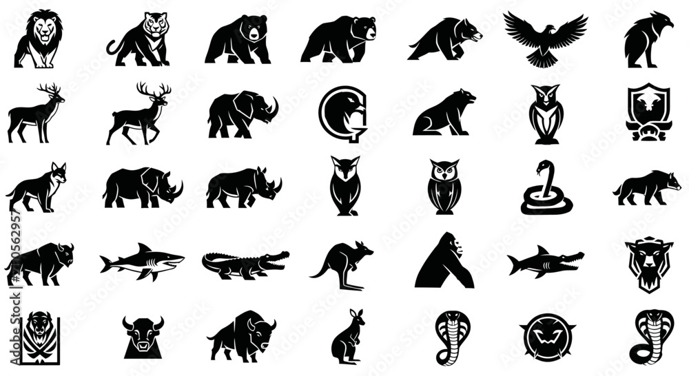 Obraz premium Diverse Wildlife Icons: Mammals, Birds, Reptiles - Silhouette Collection