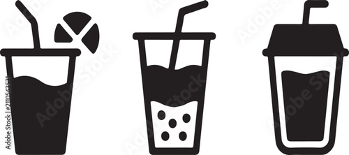 Refreshing summer drinks and boba tea cup silhouette vector icons for cafe menu and graphic design