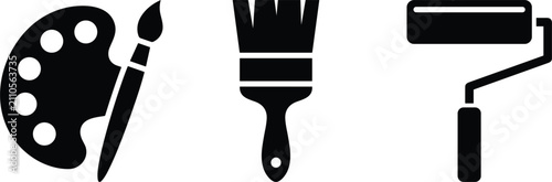 Artistic painting and home renovation tool icon set featuring artist palette paintbrush and construction wall roller brush vectors