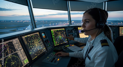 Female air traffic controller monitoring flight radar screens inside control tower
