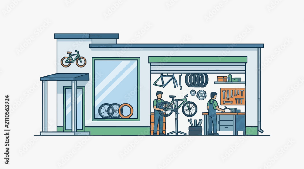 Obraz premium Bike Shop Interior with Mechanics Working.