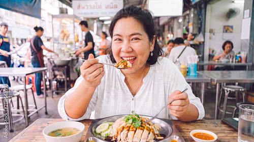 Delicious meal enjoyed by woman in bustling street food setting, showcasing joy and satisfaction