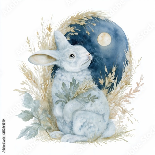 A serene watercolor illustration of a white rabbit with delicate blue-gray fur holding green leaves amidst golden wheat stalks against a deep blue moonlit night background.