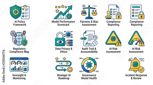 Bild auf Leinwand Collection of AI and business compliance icons for technology and strategy