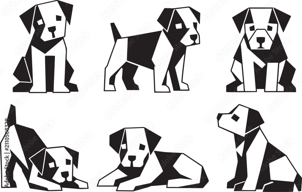 Fototapeta premium A set of puppies and dogs. Hand drawn vector illustration